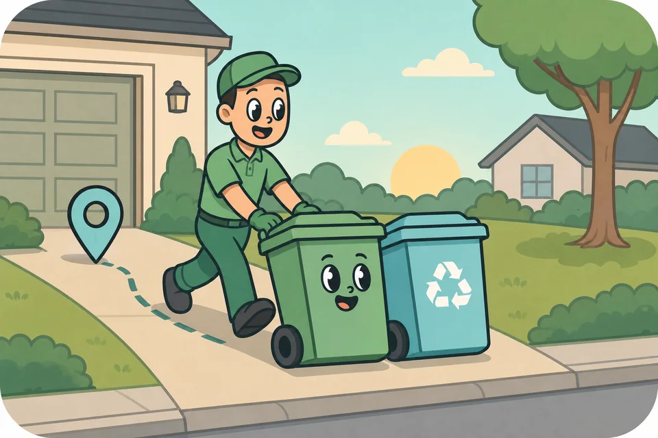 A Bin Buddy runner moving garbage and recycling bins to the curb